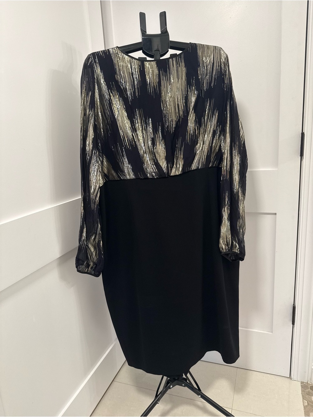 Marina Rinaldi Black Dress with Metallic Gold Brushstroke Bodice
